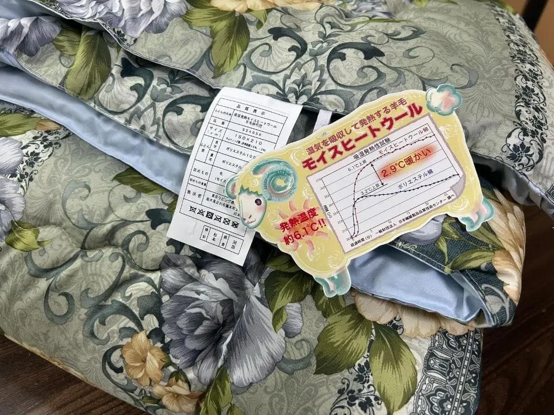 新品未使用　モイストヒートウール　ブルー 花柄 掛け布団 シングル