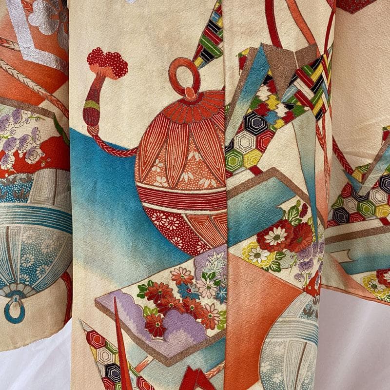 505ag45◎七五三 七歳 女児 アンティーク着物&開き帯 金彩 鈴 総柄◎