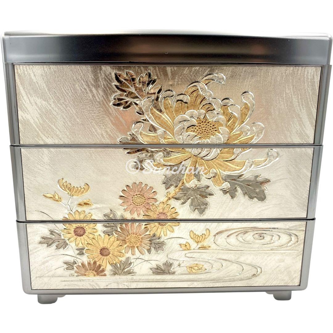 希少品】 彫金 三段重 共箱 説明栞付き 御重箱 重箱 純金 純銀 銅