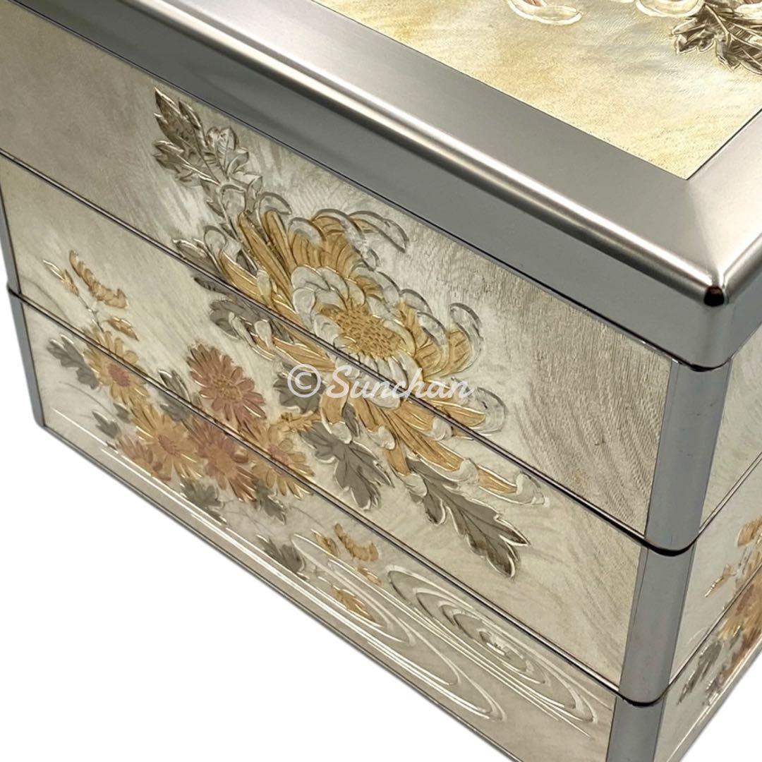 希少品】 彫金 三段重 共箱 説明栞付き 御重箱 重箱 純金 純銀 銅