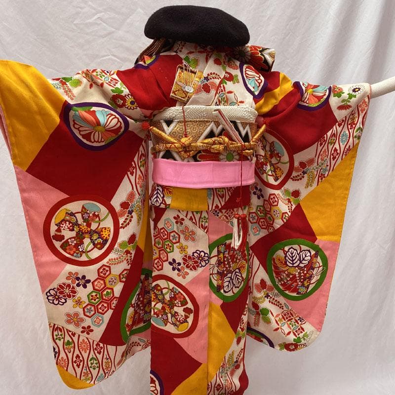 601ag23◎七五三 七歳 女児 アンティーク着物&丸帯 レトロ 花丸◎