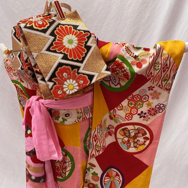 601ag23◎七五三 七歳 女児 アンティーク着物&丸帯 レトロ 花丸◎