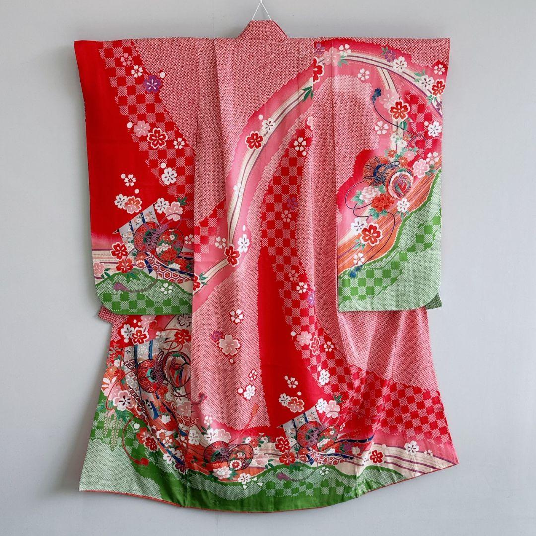 美品　フルセット　七五三　７歳女の子　しぼり柄鼓　緑袋帯　長襦袢付　小物7085