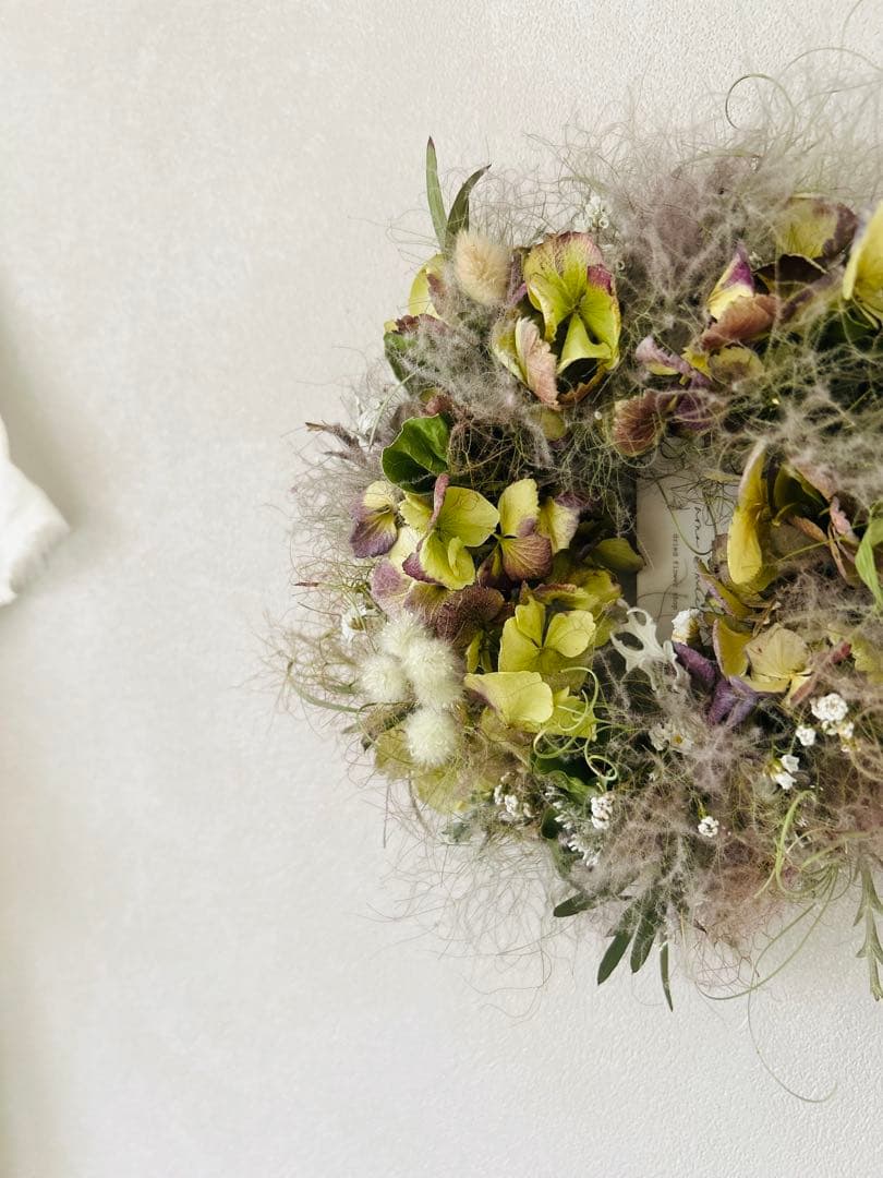 ご売約　青葉雨　スモークツリーと紫陽花のグレイッシュパープルのリース