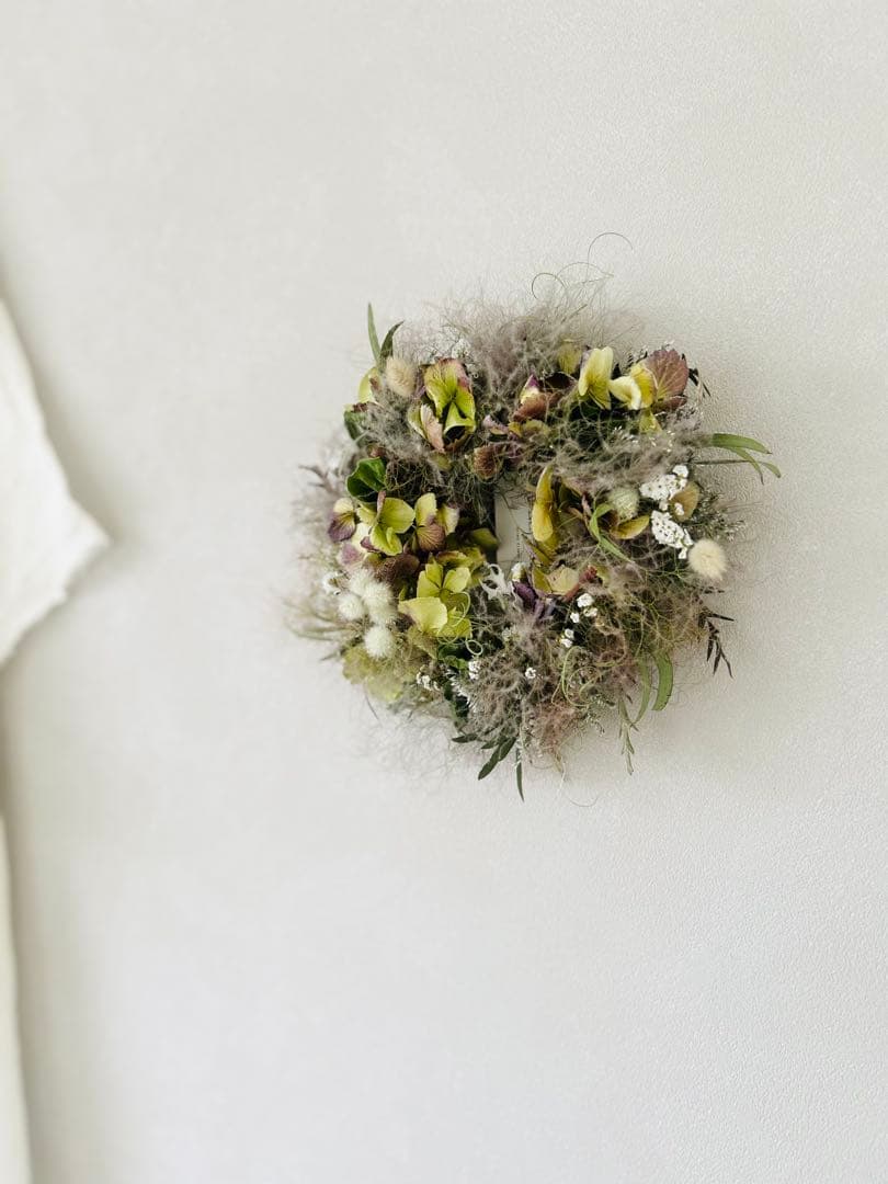 ご売約　青葉雨　スモークツリーと紫陽花のグレイッシュパープルのリース