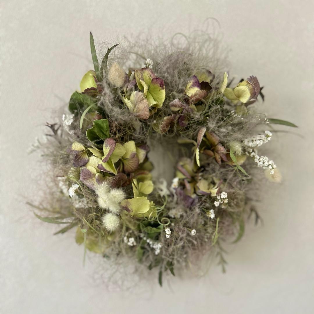 ご売約　青葉雨　スモークツリーと紫陽花のグレイッシュパープルのリース