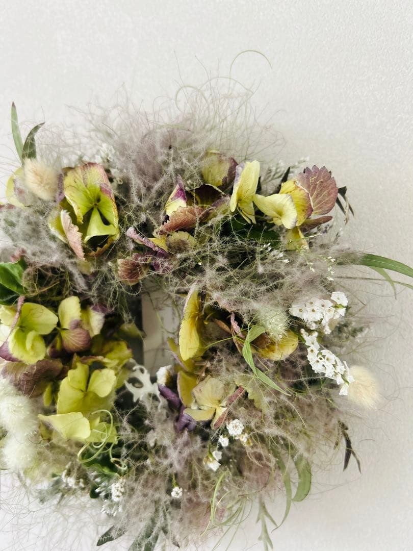 ご売約　青葉雨　スモークツリーと紫陽花のグレイッシュパープルのリース