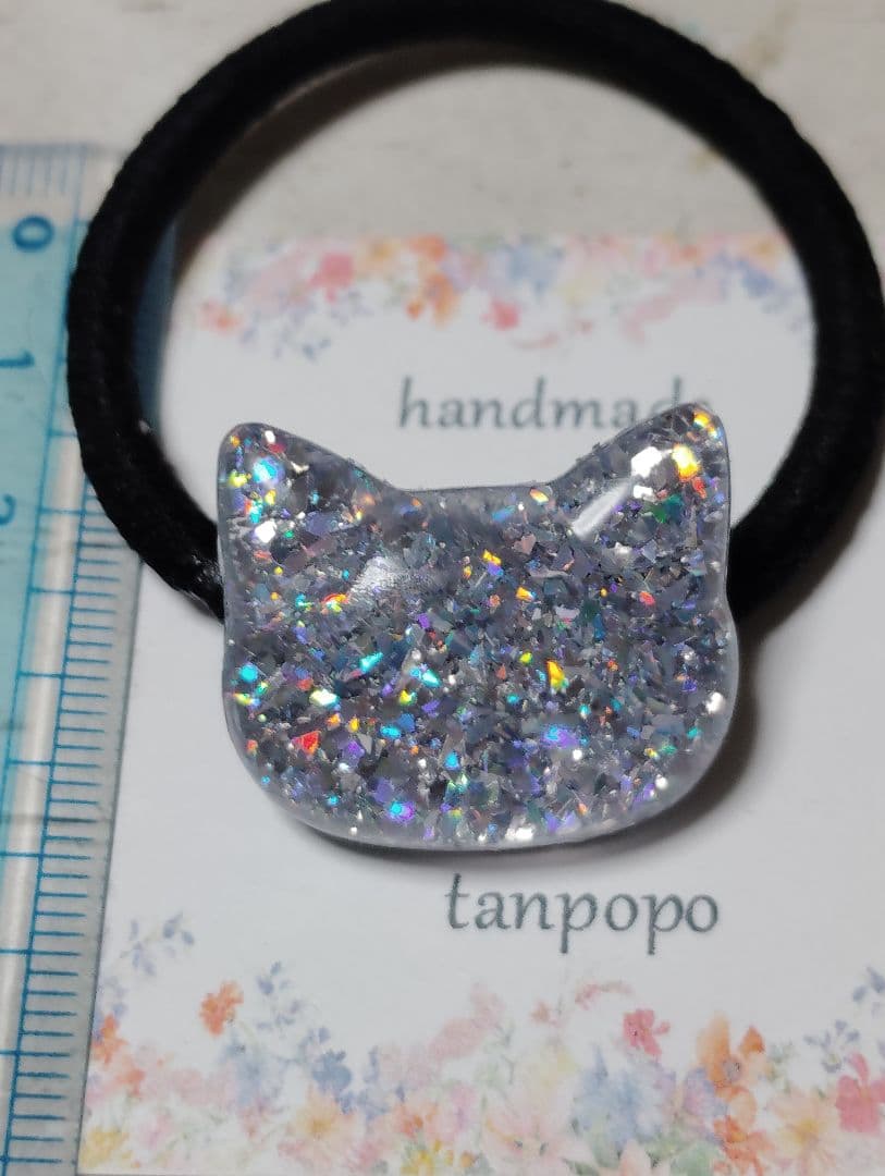 ヘアゴム ハンドメイド レジン 可愛い 猫ちゃん オーロラ シルバー色系
