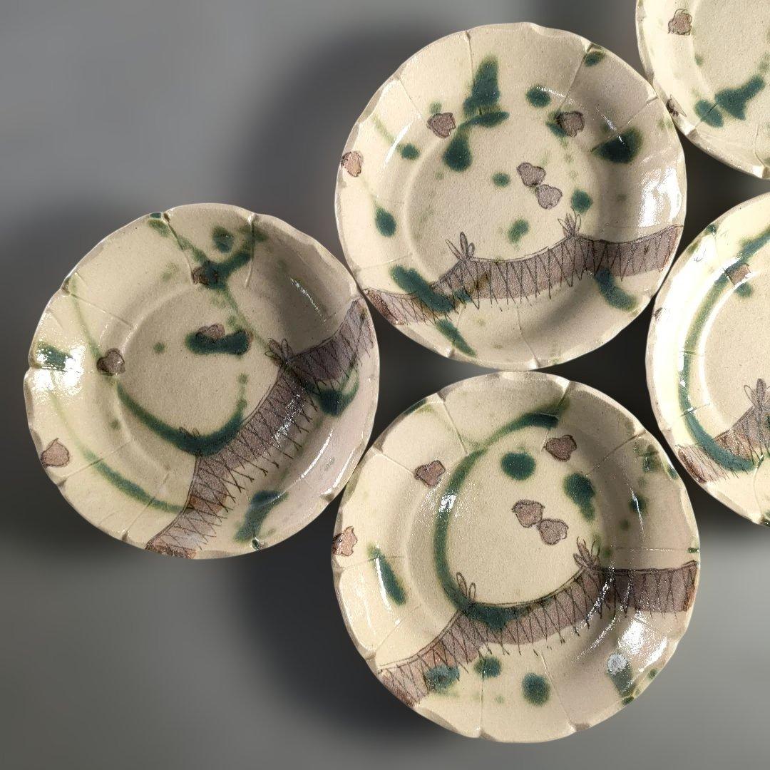 A1358-6/幸兵衛窯/加藤卓男/弥七田織部鳥網向付5客/共箱/飾皿/懐石道具