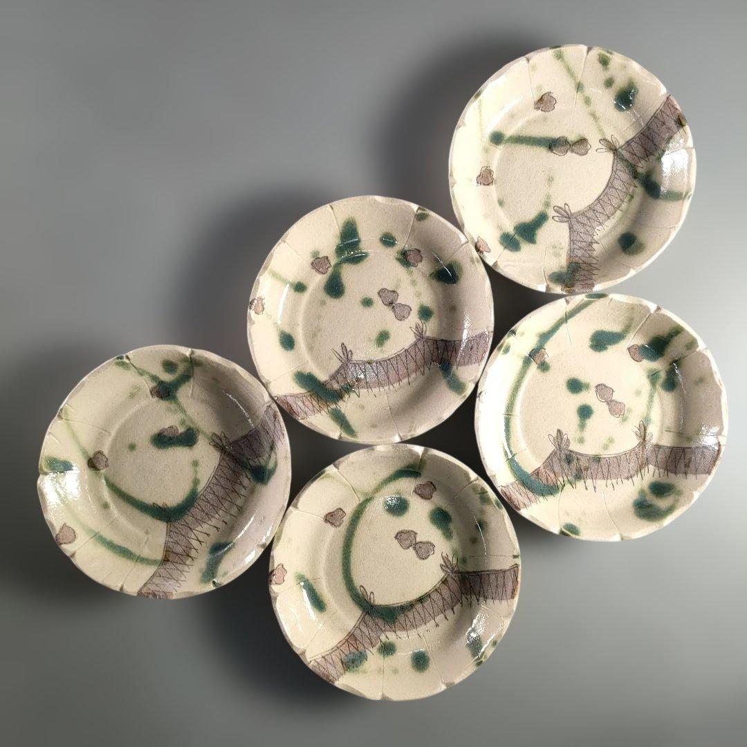 A1358-6/幸兵衛窯/加藤卓男/弥七田織部鳥網向付5客/共箱/飾皿/懐石道具