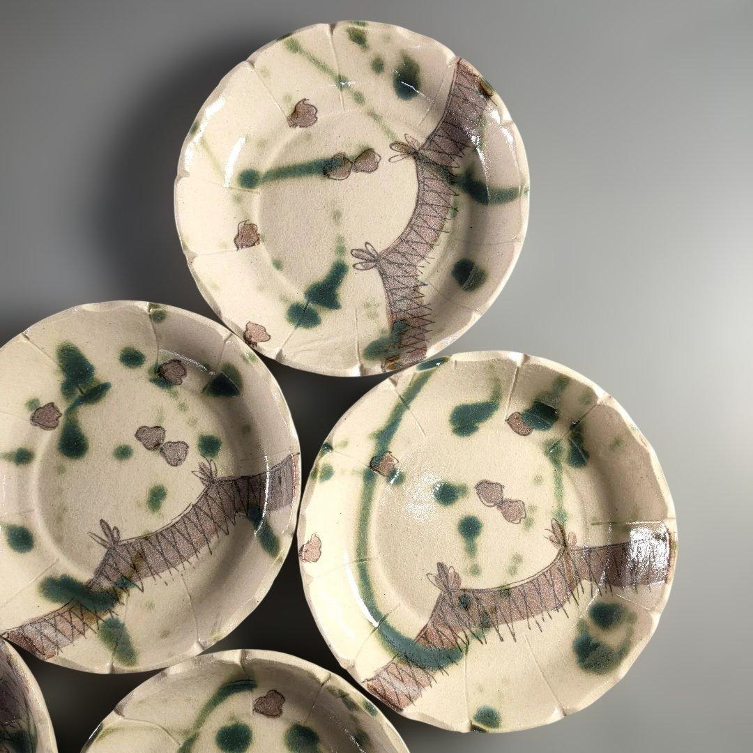 A1358-6/幸兵衛窯/加藤卓男/弥七田織部鳥網向付5客/共箱/飾皿/懐石道具