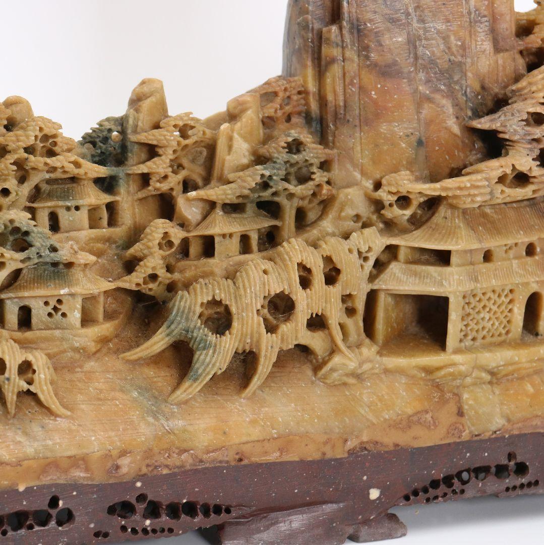 玉石蝋石青田石 楼閣山水雕 中国 床飾 置物　V201