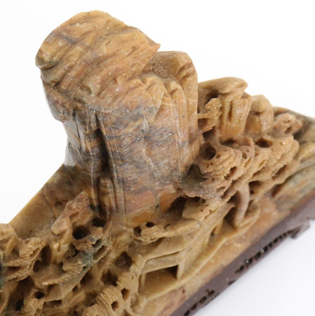 玉石蝋石青田石 楼閣山水雕 中国 床飾 置物　V201