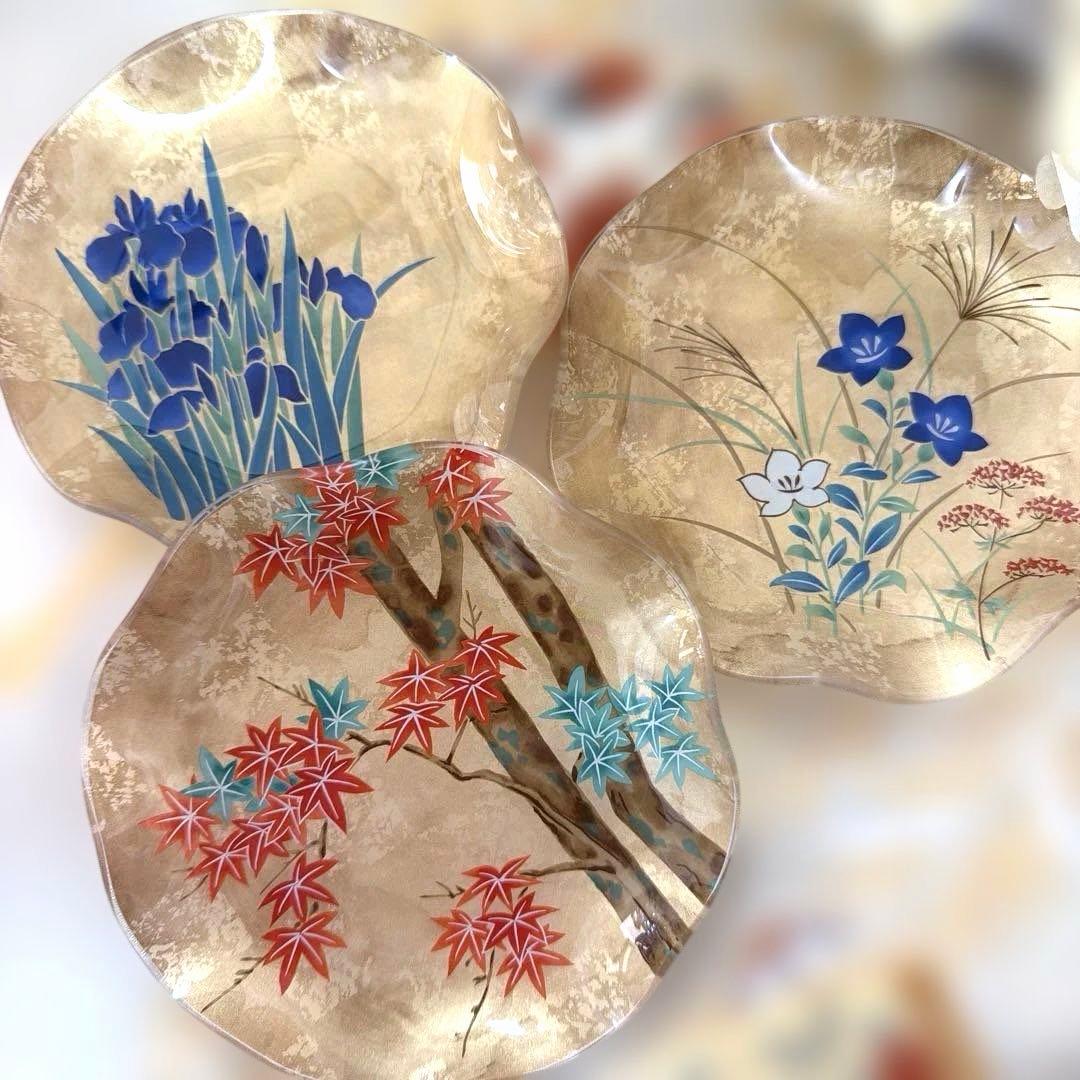 たち吉 扇型皿南風窯ガラス製絵違いkimijima yukiko No.5-10