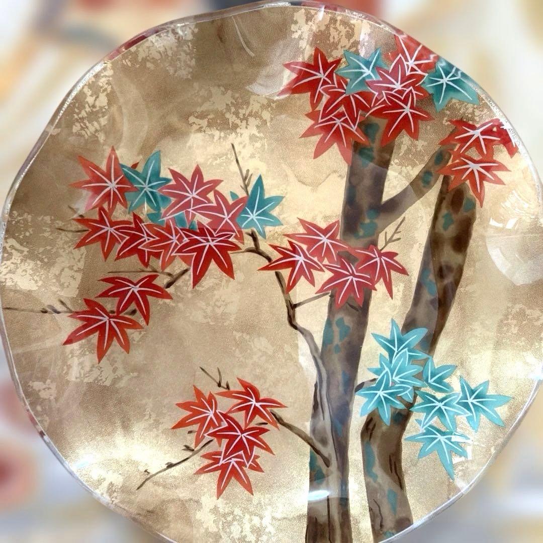 たち吉 扇型皿南風窯ガラス製絵違いkimijima yukiko No.5-10