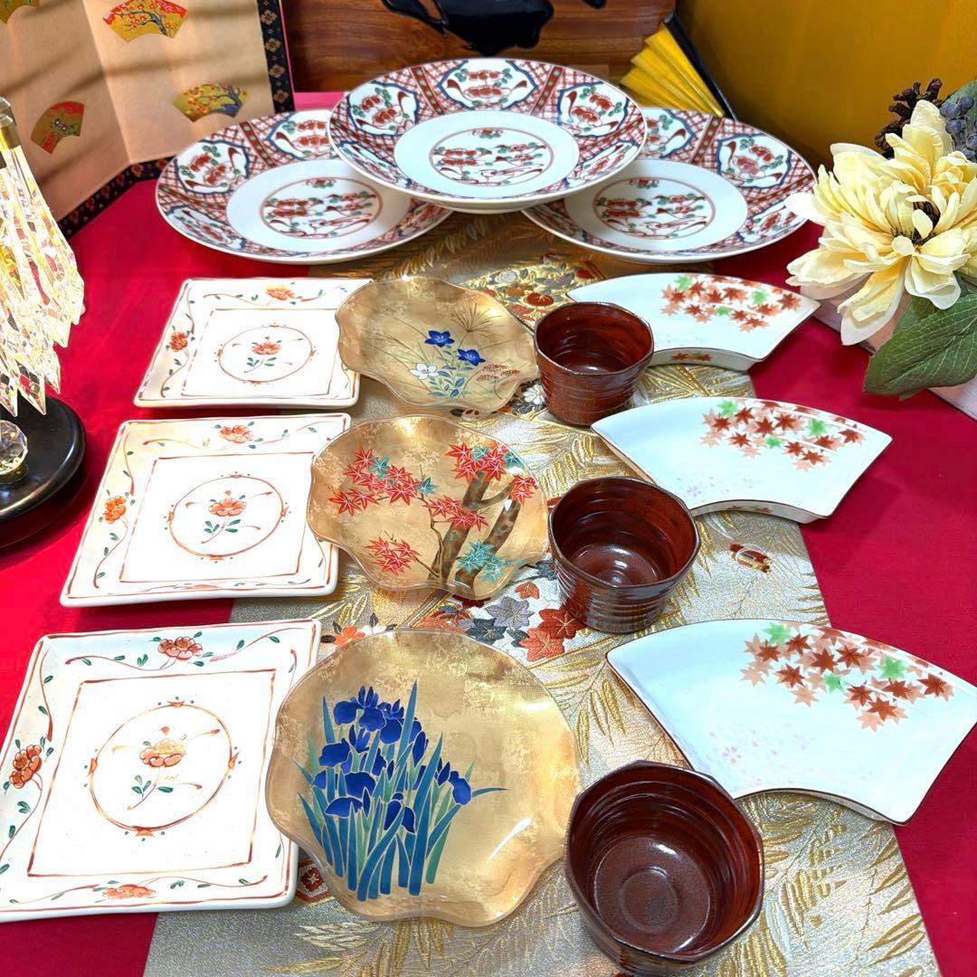 たち吉 扇型皿南風窯ガラス製絵違いkimijima yukiko No.5-10