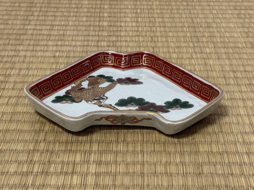 【古伊万里】色絵 「一富士二鷹三茄子」 富士形　変形皿 9客　明治時代