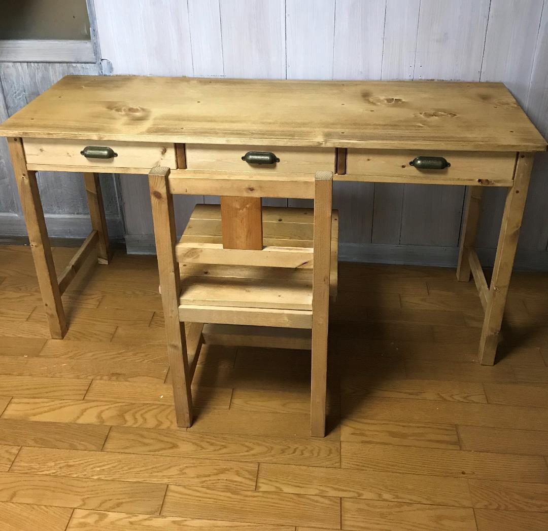 受注製作☆事務机☆学習机☆パソコン机【1400】引き出し３杯アンティック家具