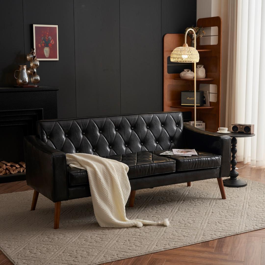 セール！ソファー 3人掛カウチソファリビングソファ 肘付オットマン ブラック