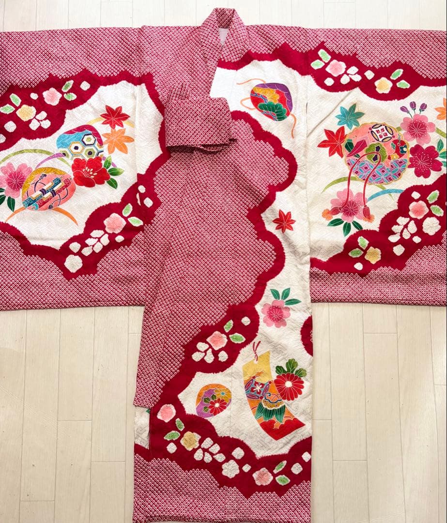 七五三　正絹　絞り　友禅　着物　被布　3歳　一つ身　フルセット