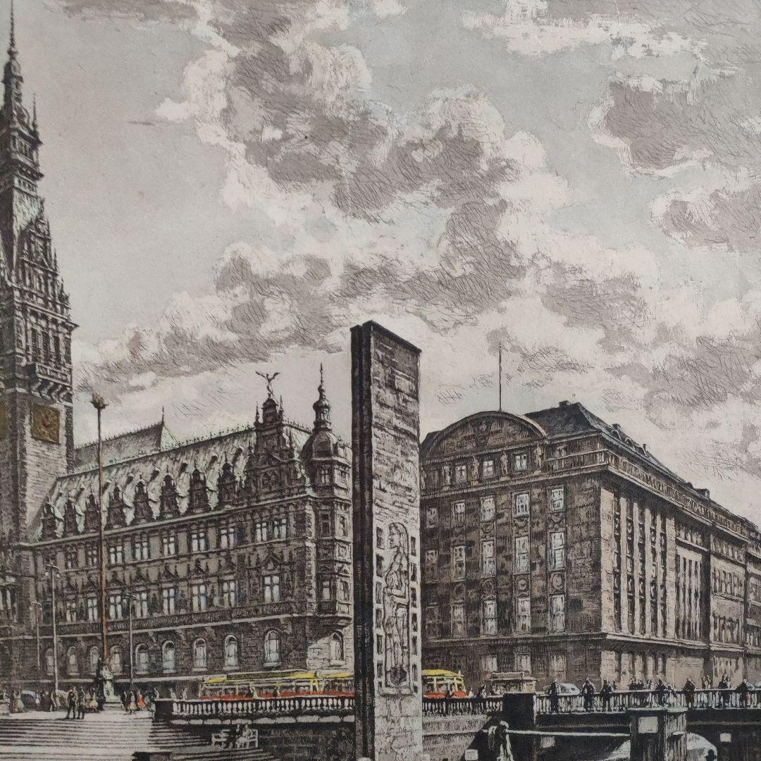 Adler Richard作エッチング『ハンブルク市庁舎とクライネ アルスター