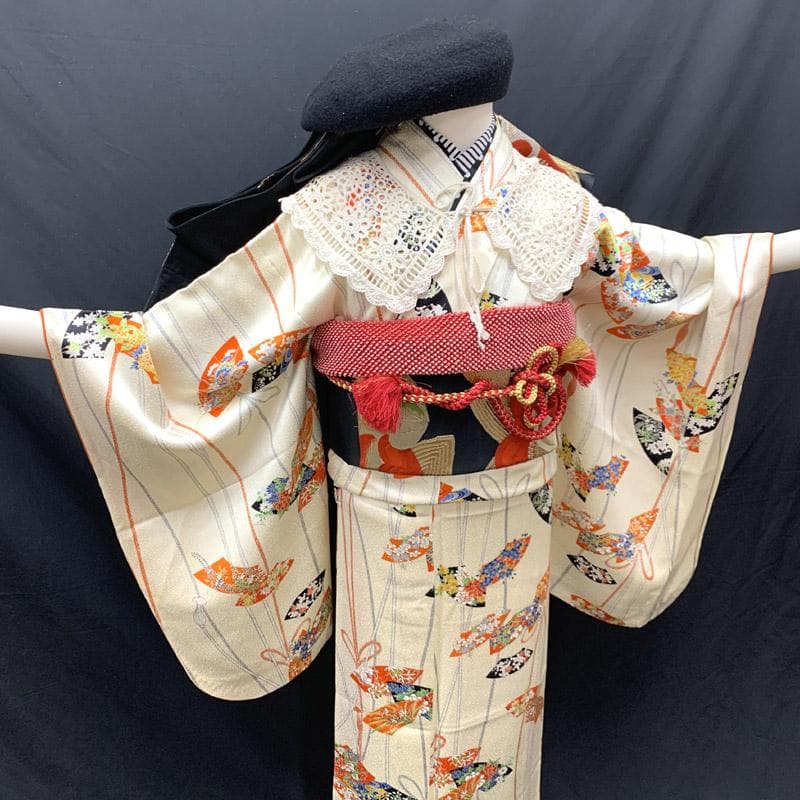 508aj28■ジュニア着物 小紋 十三参り 卒業式 縮緬 扇 ■状態良好