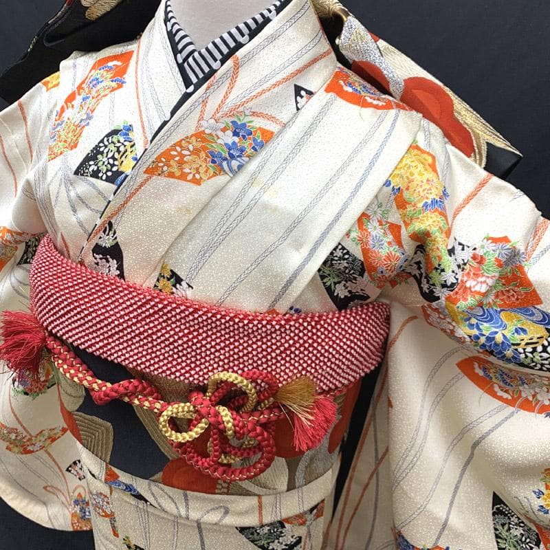 508aj28■ジュニア着物 小紋 十三参り 卒業式 縮緬 扇 ■状態良好