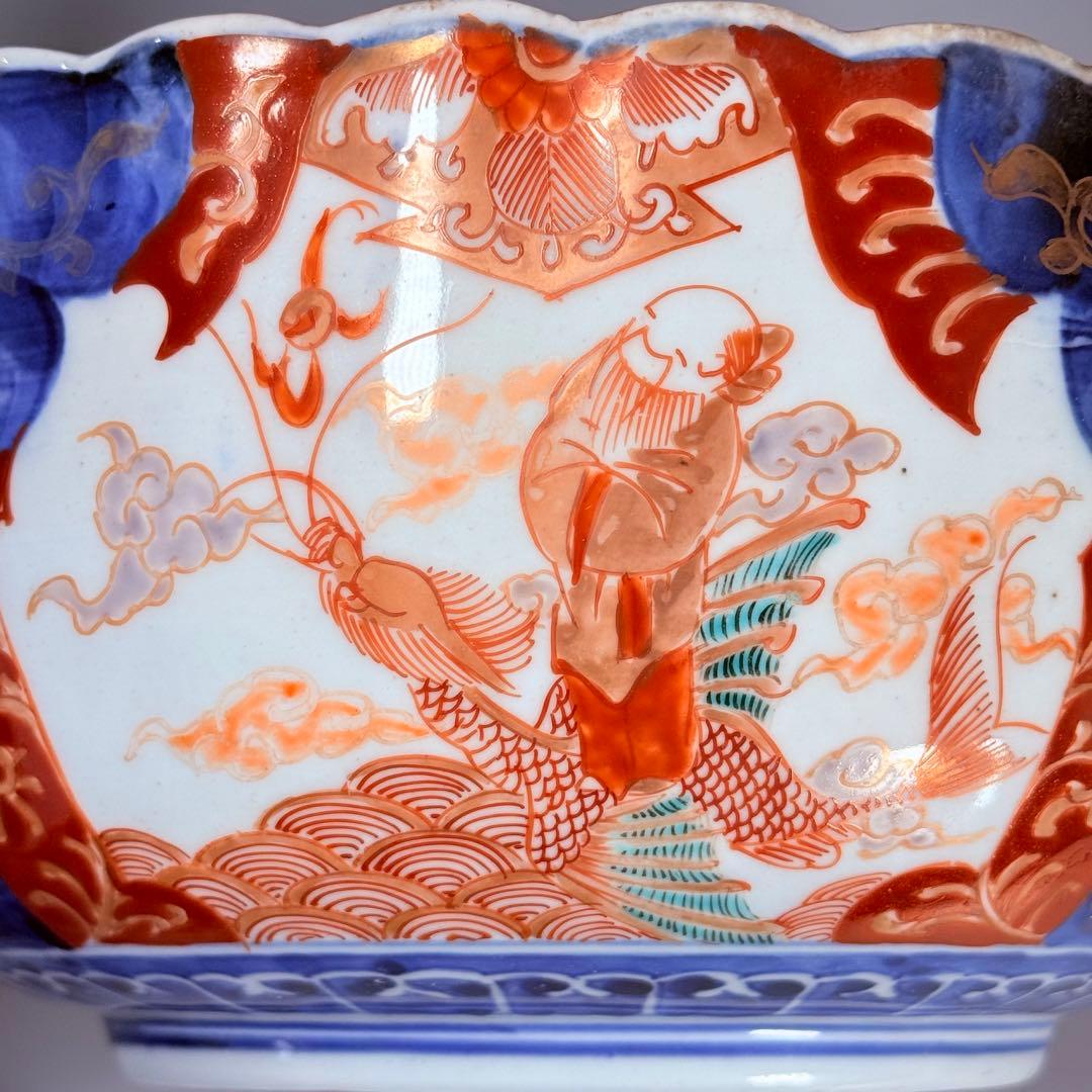 古伊万里 大聖寺伊万里 染錦三方龍仙人菊花型鉢 三ツ鉢揃い 黄仁覧図