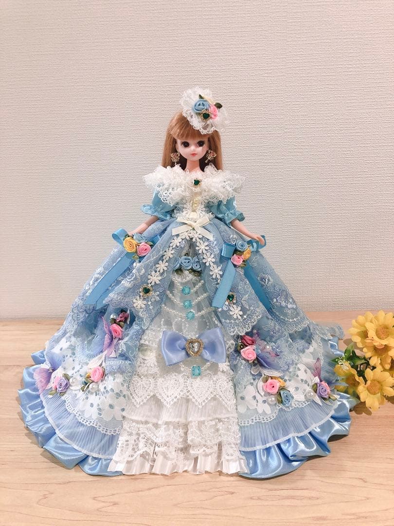リカちゃん ジェニーちゃん 着せ替え服 水色&白ドレス ハンドメイド