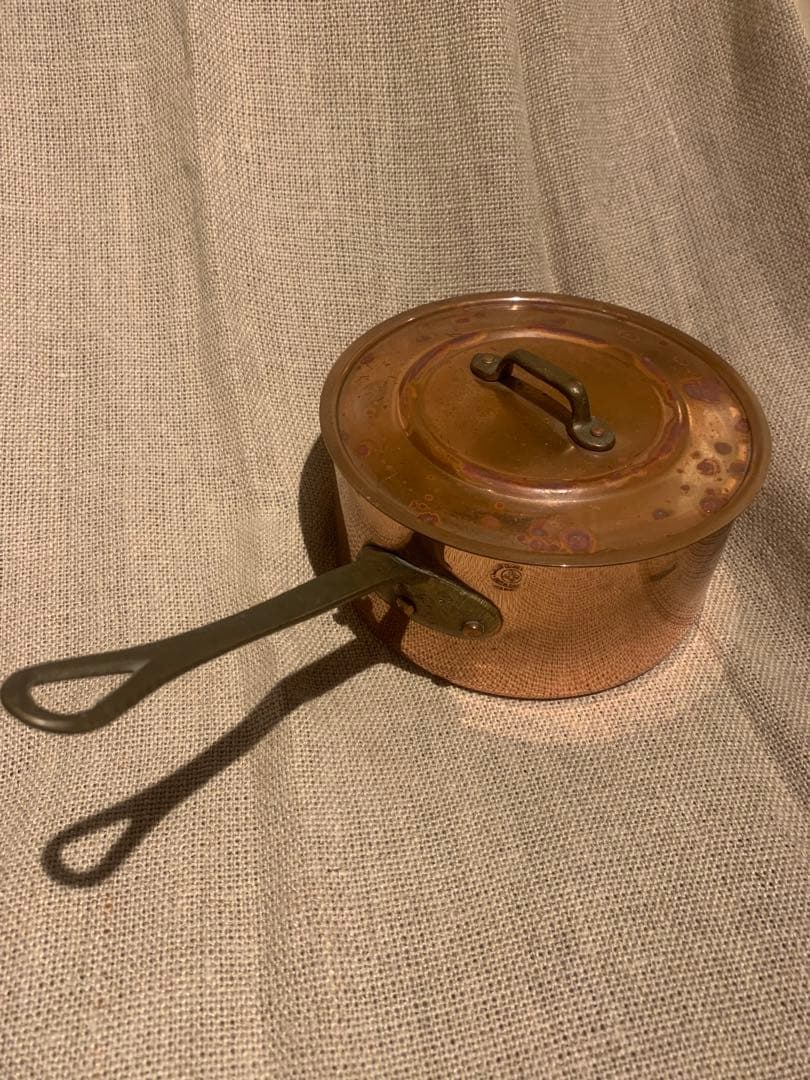 フランスビンテージ 蓋付き 銅製深型 16cm ソースパン 刻印入りg-25