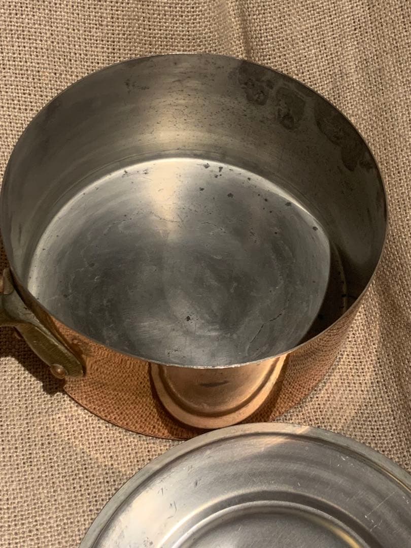 フランスビンテージ 蓋付き 銅製深型 16cm ソースパン 刻印入りg-25