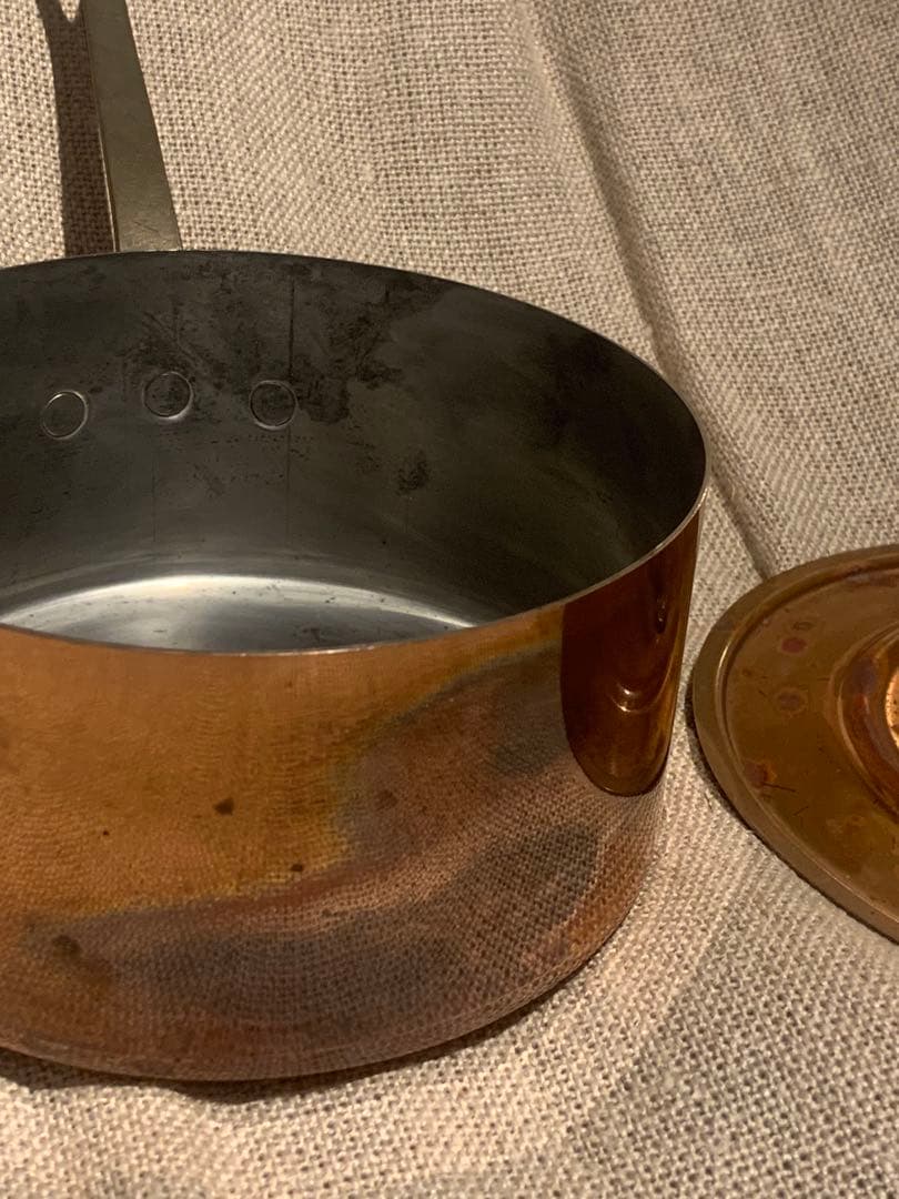 フランスビンテージ 蓋付き 銅製深型 16cm ソースパン 刻印入りg-25