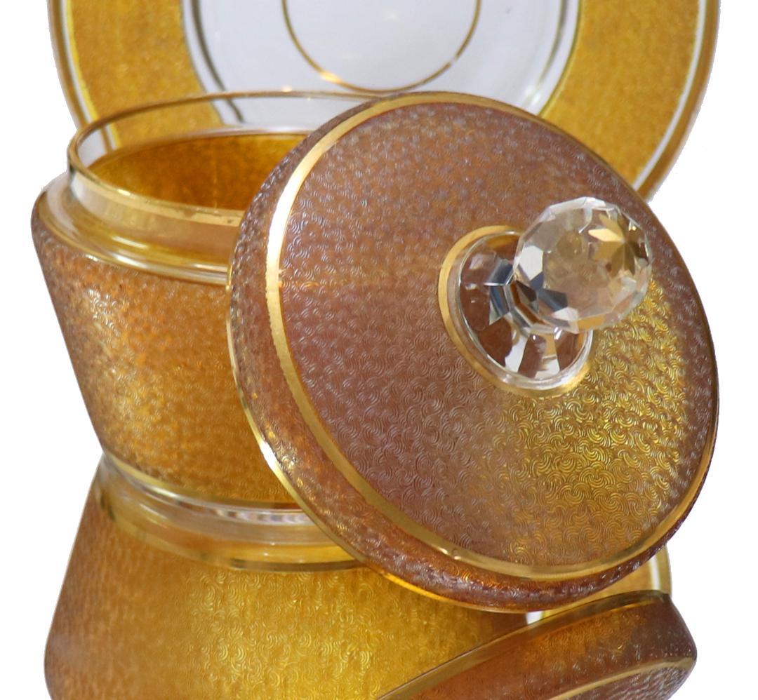 オールド・バカラ 稀品 春海商店 特注琥珀ガラス 金彩 青海波文様 受皿付蓋物