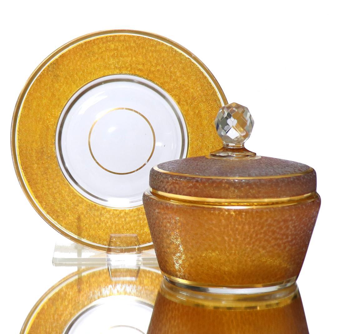 オールド・バカラ 稀品 春海商店 特注琥珀ガラス 金彩 青海波文様 受皿付蓋物