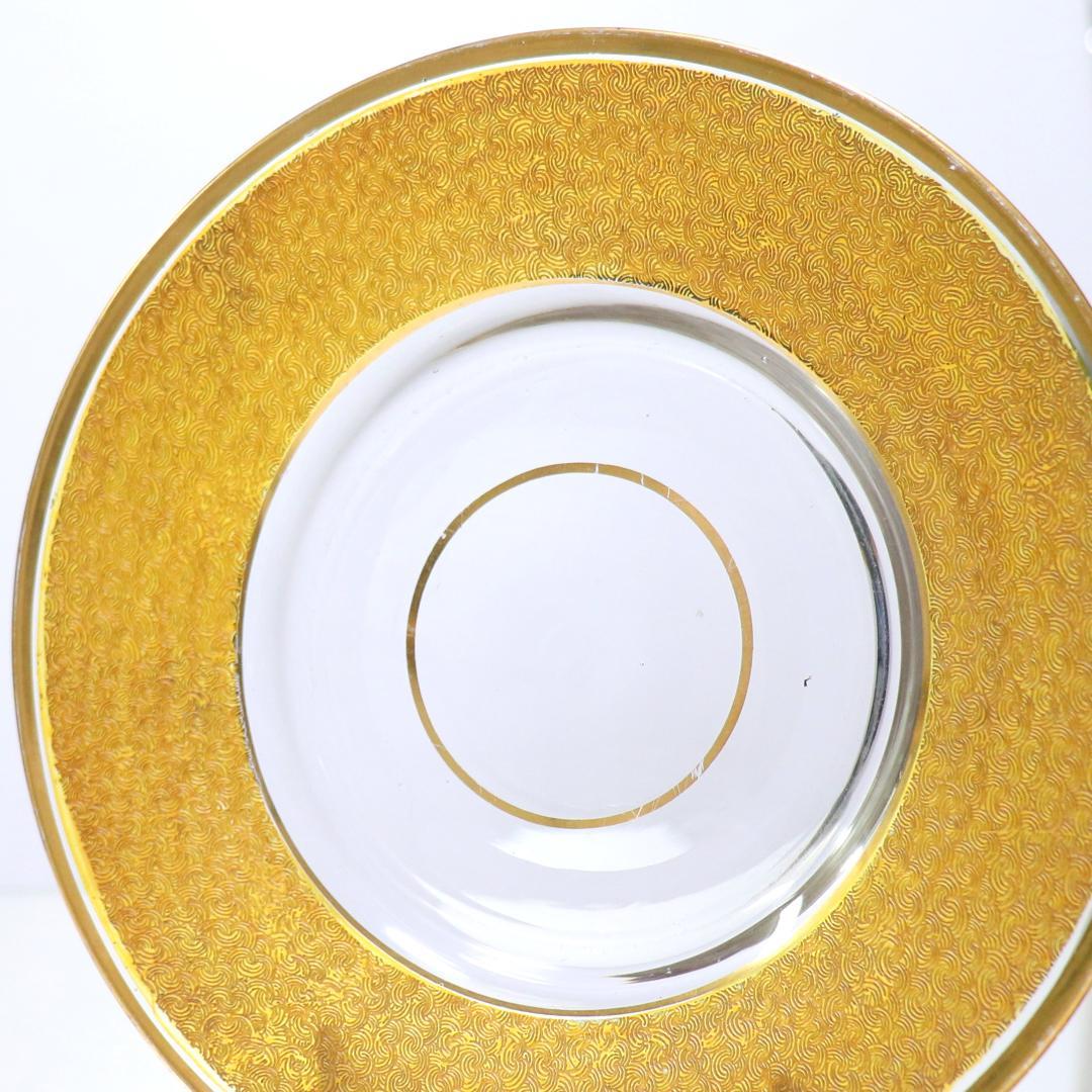 オールド・バカラ 稀品 春海商店 特注琥珀ガラス 金彩 青海波文様 受皿付蓋物