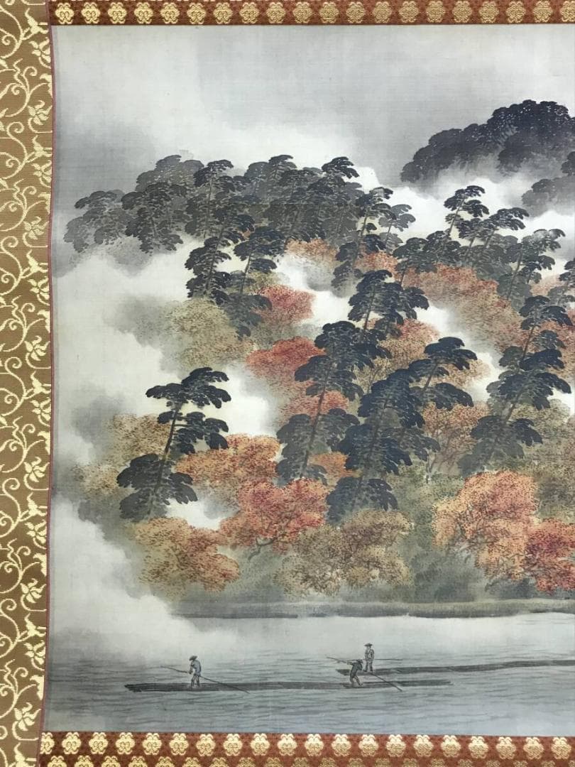 真作/山田文厚/山水図/秋景嵐山図/保津川図/紅葉図/掛軸☆宝船☆AH-649
