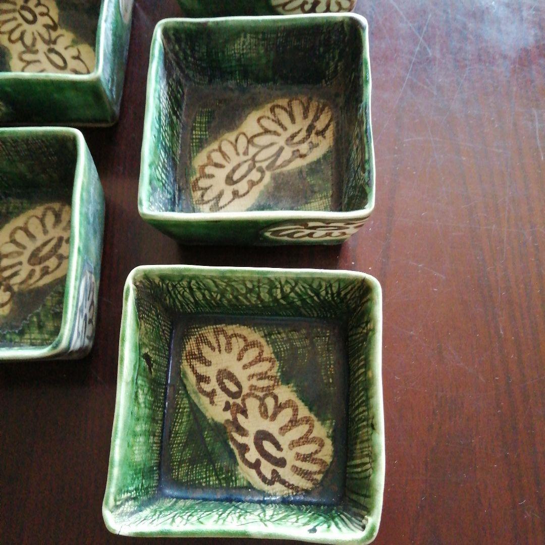 瀬戸焼　加藤作助　織部角向付　11客　10cm　大正〜昭和初期