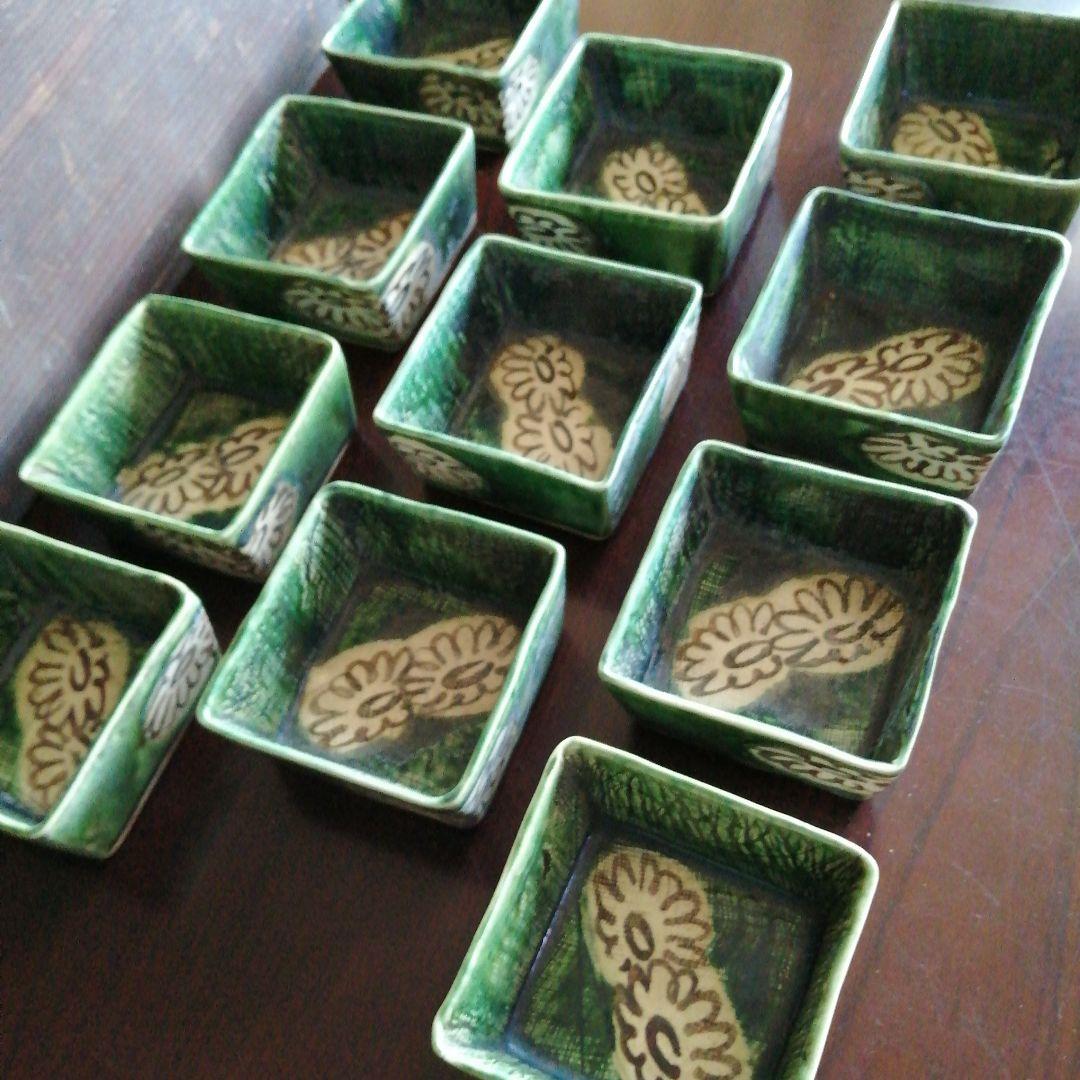 瀬戸焼　加藤作助　織部角向付　11客　10cm　大正〜昭和初期