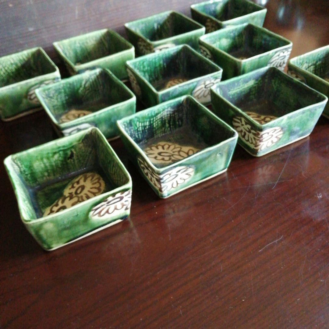 瀬戸焼　加藤作助　織部角向付　11客　10cm　大正〜昭和初期