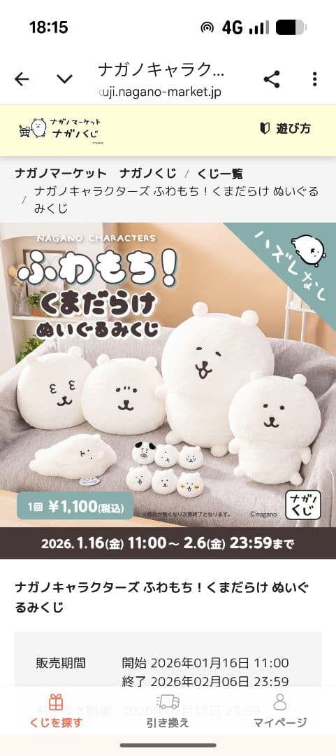 ナガノマーケット ナガノくじ A賞 もっちり特大 ぬいぐるみ おまけ付き