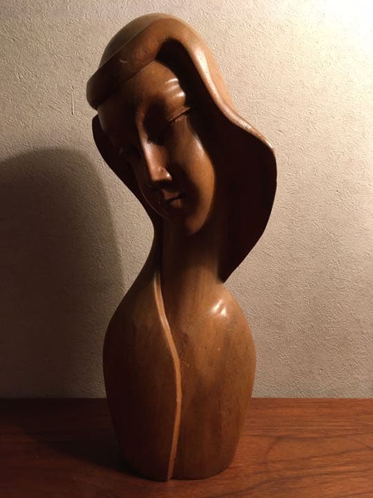 50s ビンテージ 木彫り 彫刻 女性像 胸像 バスト ハンドメイド 当時物