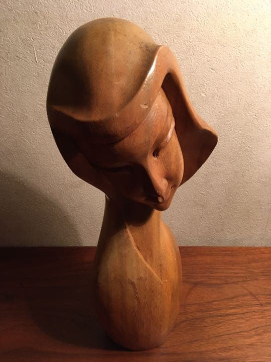 50s ビンテージ 木彫り 彫刻 女性像 胸像 バスト ハンドメイド 当時物