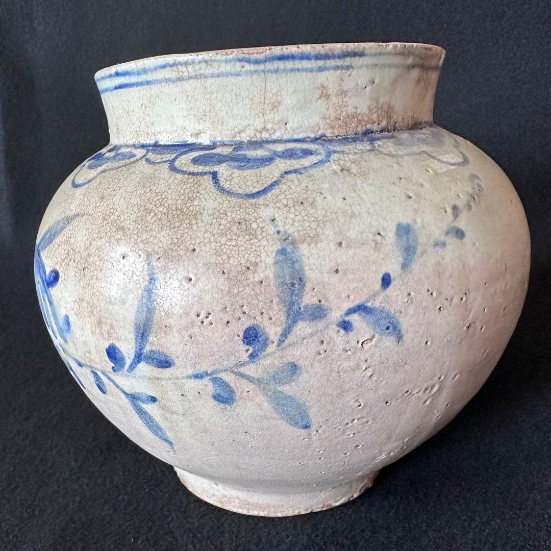 古美術 李朝 染付 花草文壺 高さ約19cm 高麗 韓国骨董