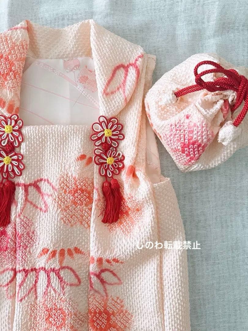 正絹絞りお被布＆巾着セット　花笹模様　薄赤ピンク