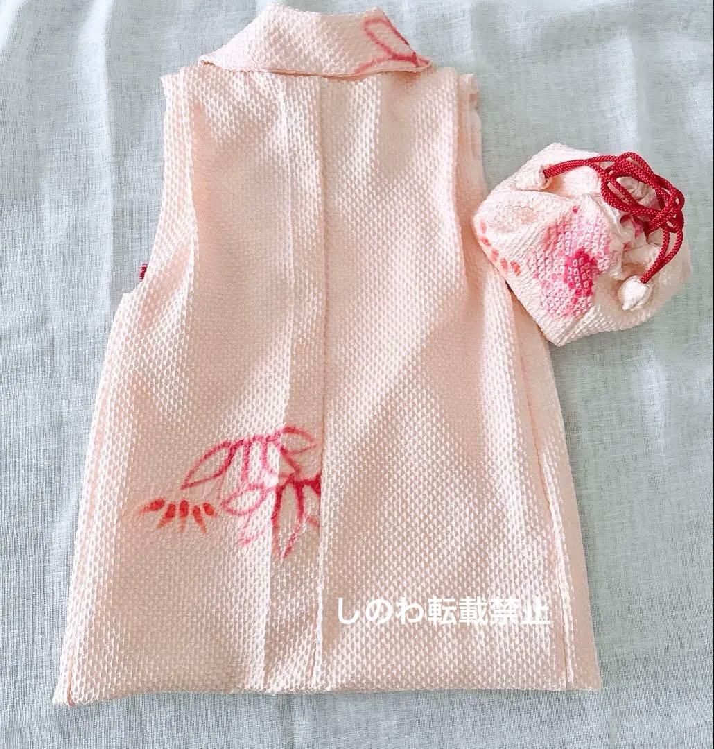 正絹絞りお被布＆巾着セット　花笹模様　薄赤ピンク