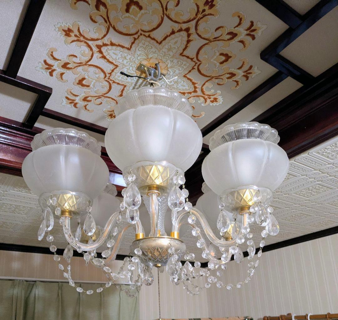 ガラス製6灯シャンデリア　電球付き　昭和レトロ　アンティーク