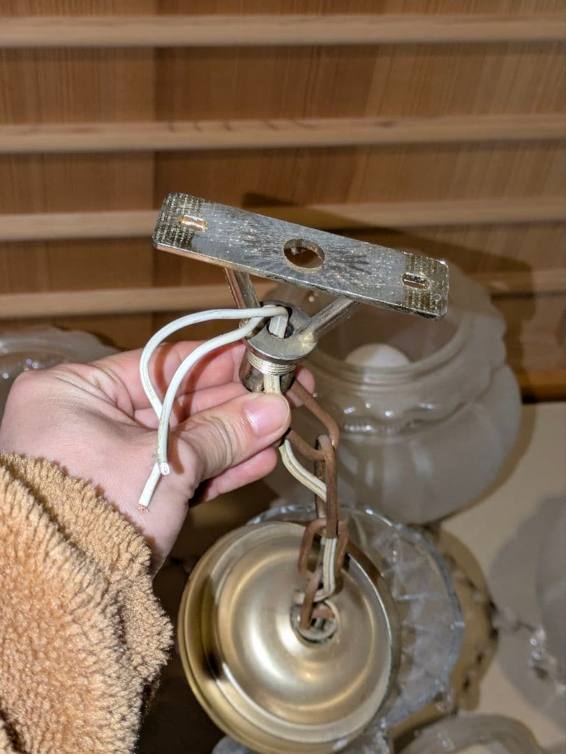 ガラス製6灯シャンデリア　電球付き　昭和レトロ　アンティーク