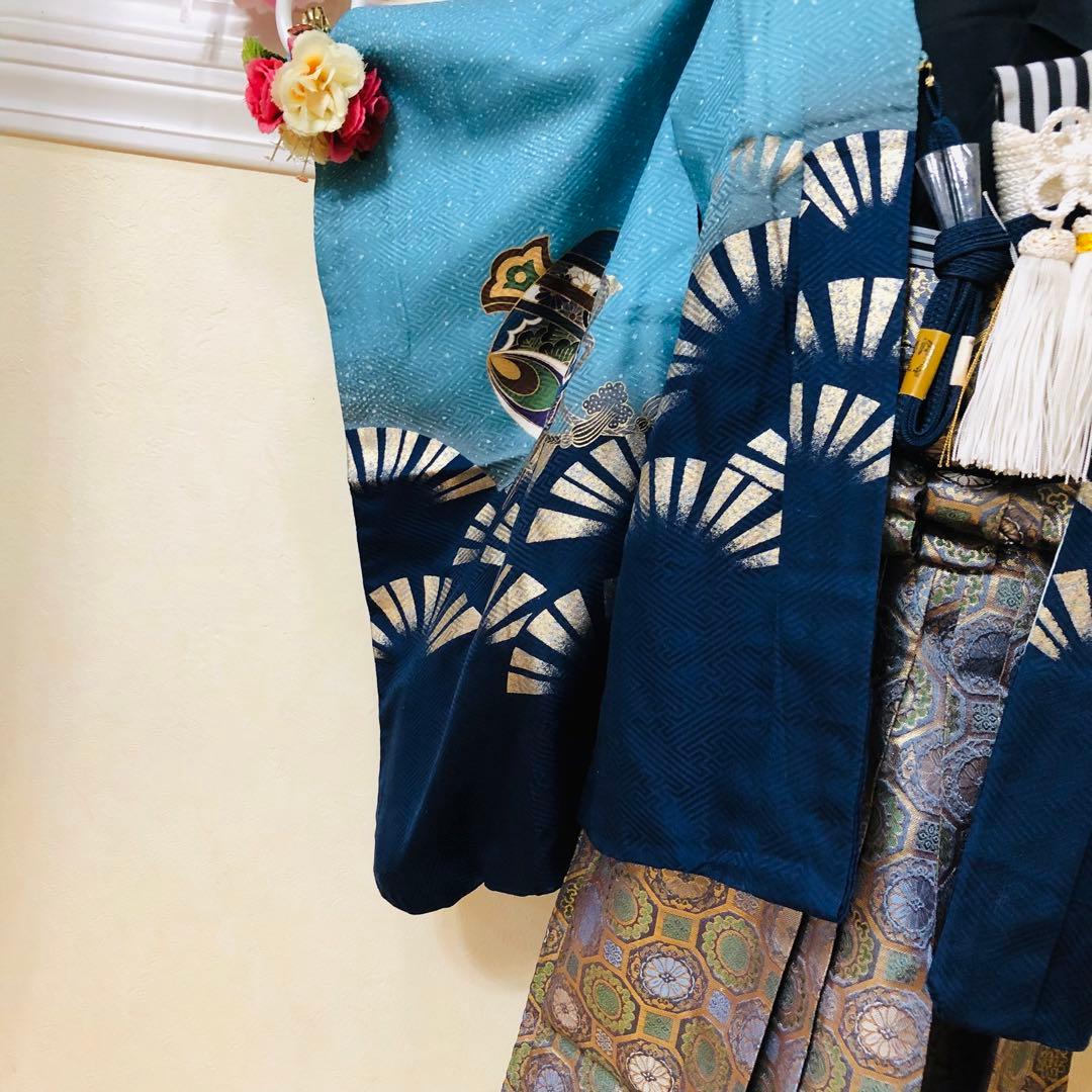 七五三 五歳‼️Blue暈し兜龍金彩煌びやか‼️豪華金蘭袴‼️完全フルセット‼️秀品‼️