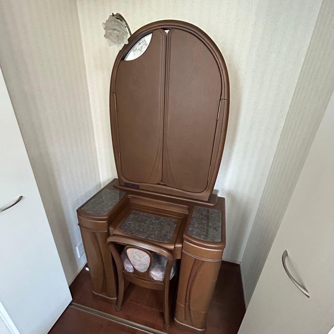 【高級アンティーク】三面鏡ドレッサー 椅子 角元産業 ブラウン 美品 照明・収納