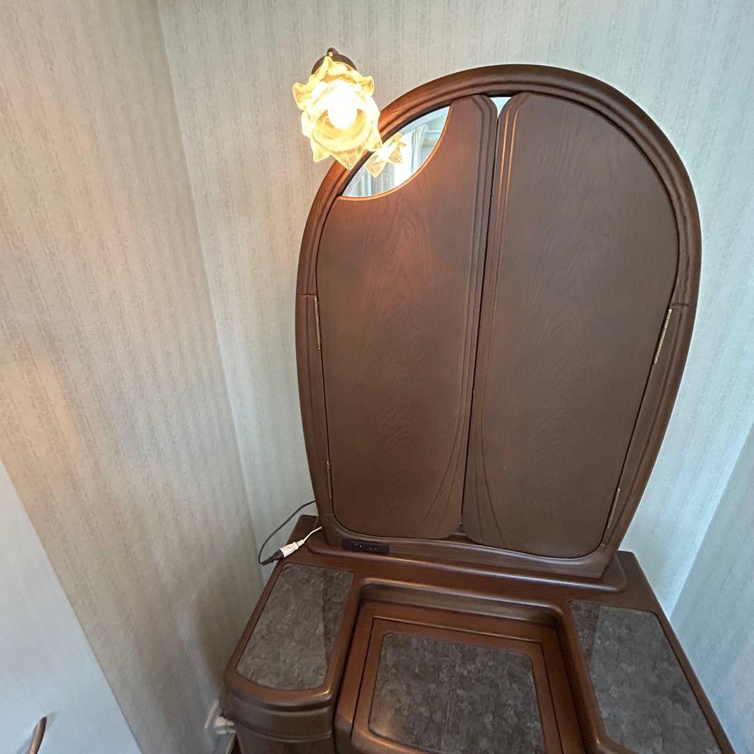 【高級アンティーク】三面鏡ドレッサー 椅子 角元産業 ブラウン 美品 照明・収納